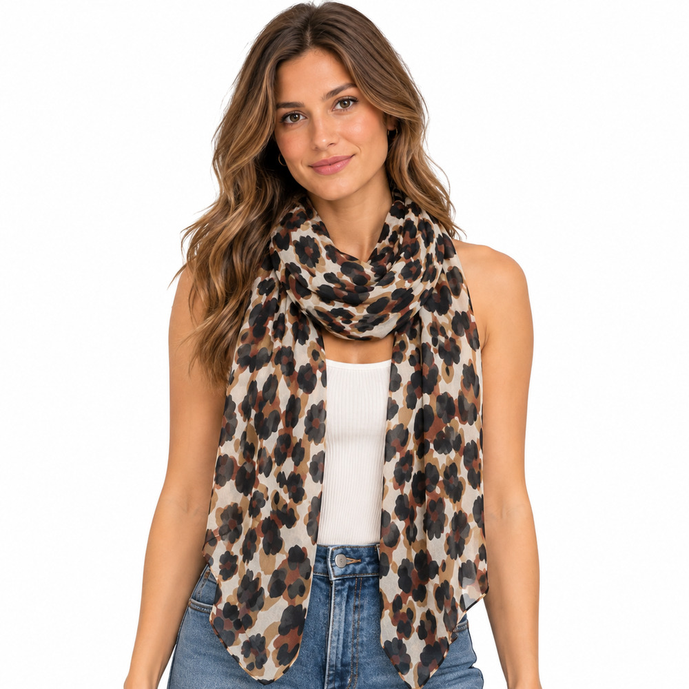 Anne Klein Womens 100% Silk Sheer Chiffon Leopard Print Animal Scarf 68" x 17"